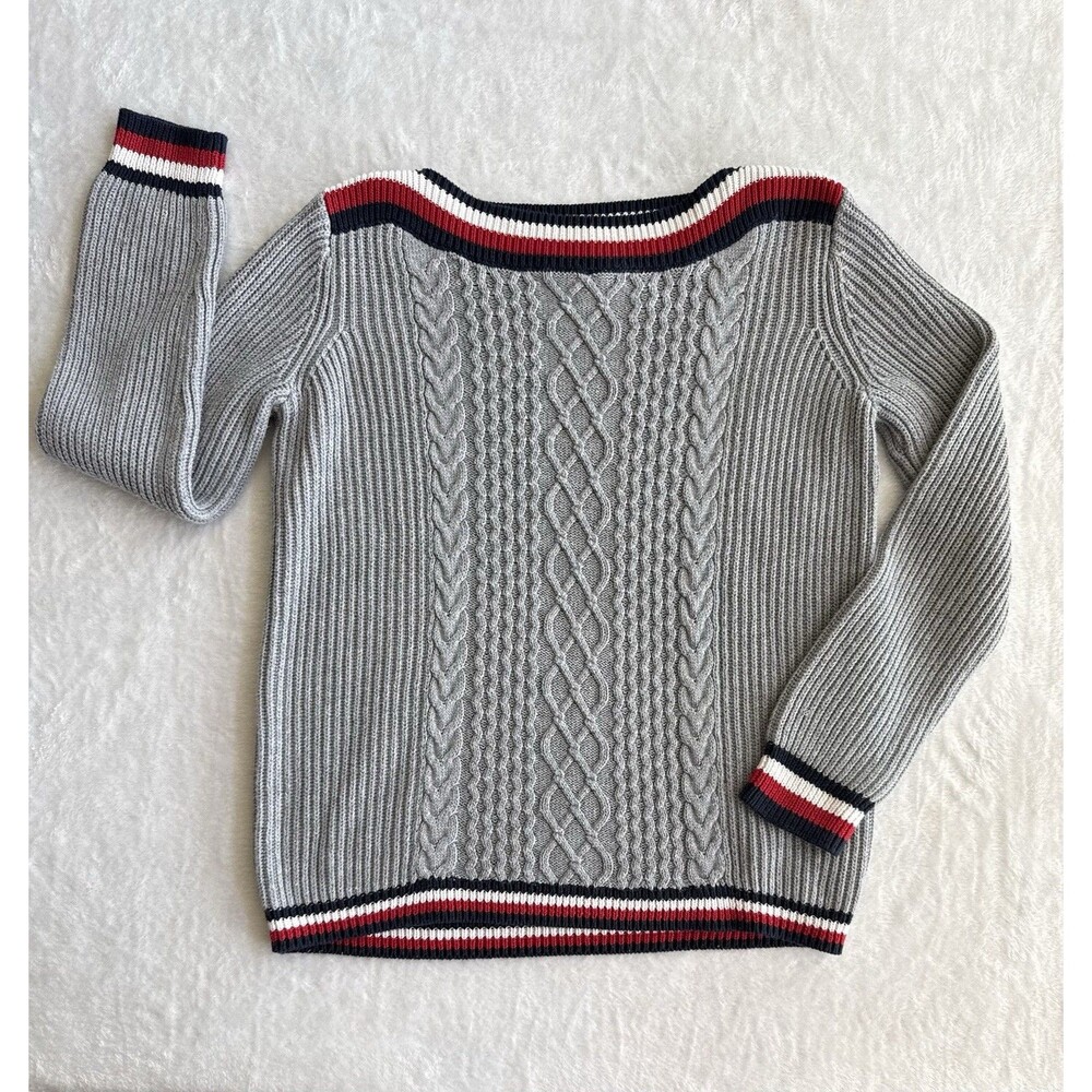 Tommy Hilfiger Women’s Medium Cable Knit Sweater Boat Neck Red White Blue Trim